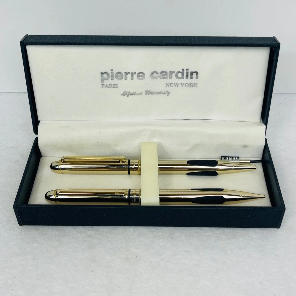 Pierre Cardin Paris New York Gold Tone Pen and Pencil Set with Case and Refill